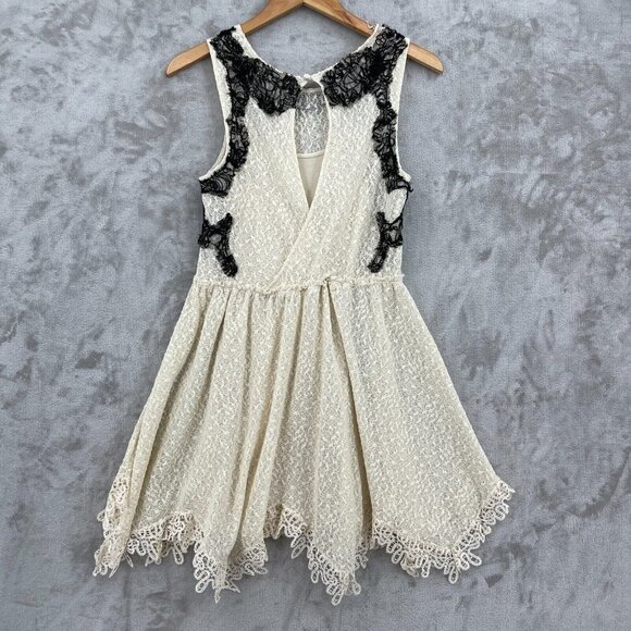 Free People Cream Black Lace Fit & Flare Mini Dress Keyhole Back - Picture 10 of 15